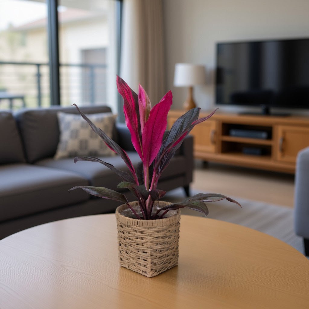 Potted cordyline plant on a table in a living room with a couch and TV in the background