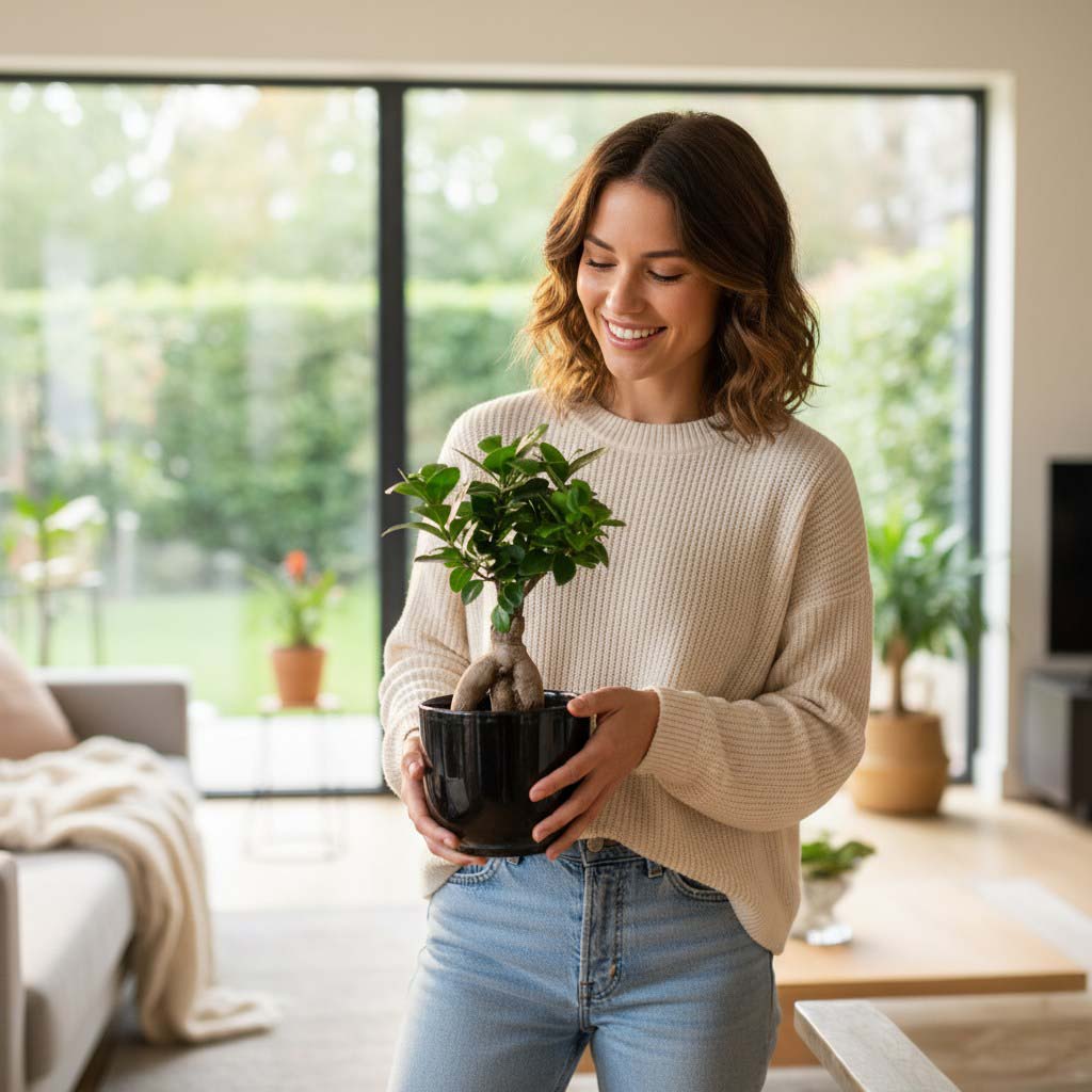Woman holding a potted ficus ginseng plant in a living room