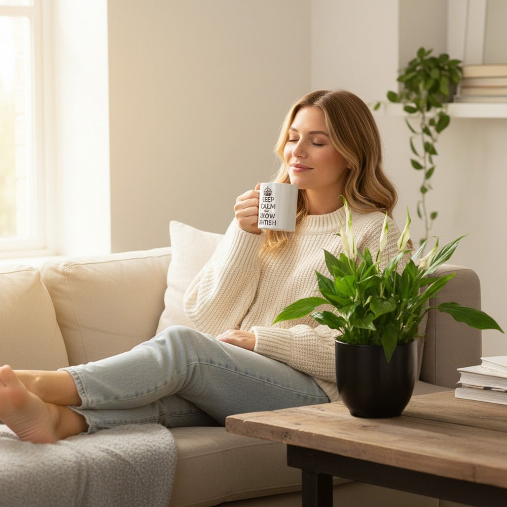 Woman sitting on a couch holding a mug with a Peace Lily and books on a table in a cozy living room.