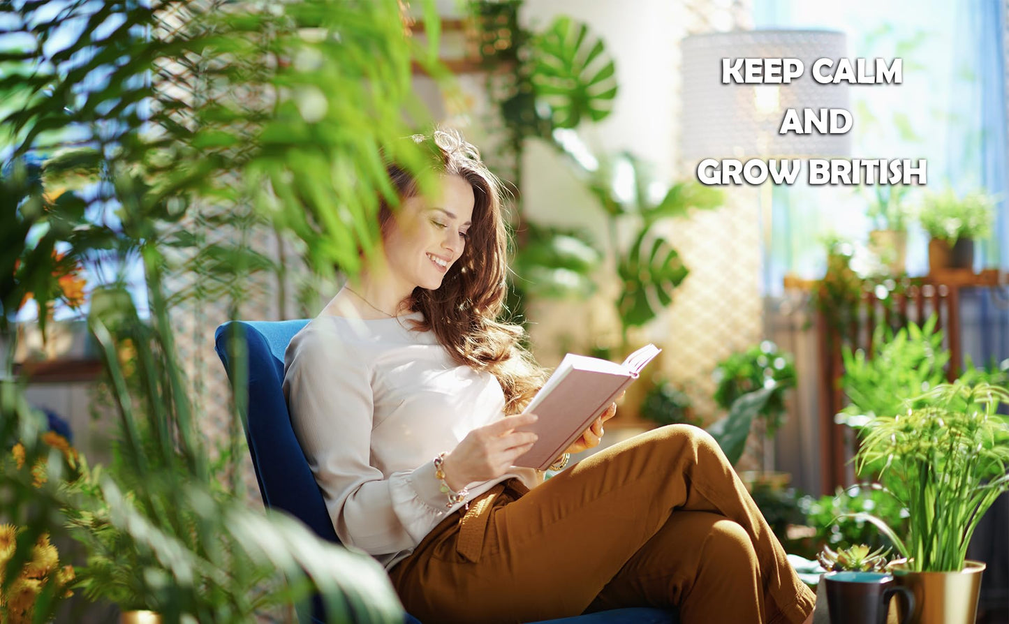 Woman reading a book in a plant-filled room with 'Keep Calm and Grow British' text.