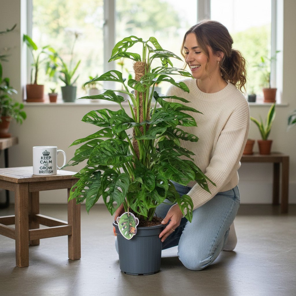 Woman holding a potted monstera monkey mask plant in a room with other plants