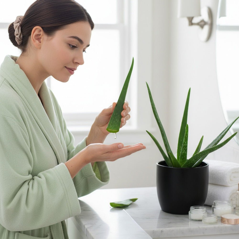 Potted Aloe Vera Plant in a 13cm pot  being used by a lady in the bathroom. 