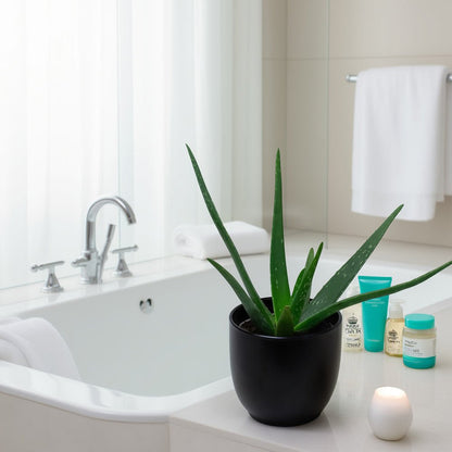 Aloe Vera Plant indoor succulent in black pot in the bathroom. 