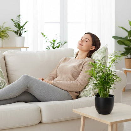 Chamaedorea Elegans Parlour Palm next to someone relaxing on a couch.