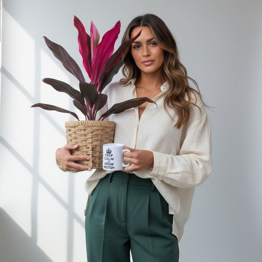Woman holding a potted cordyline  plant and a mug with text against a neutral background