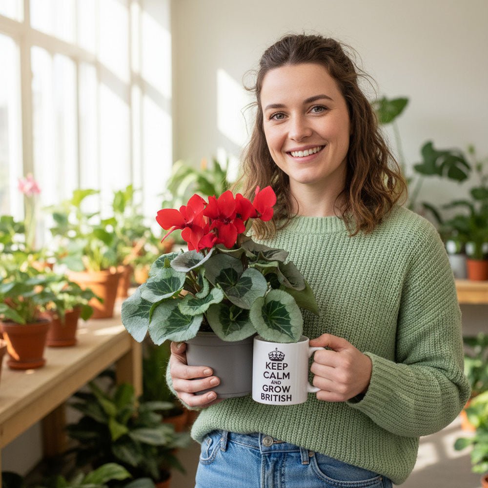woman holding cyclamen plants