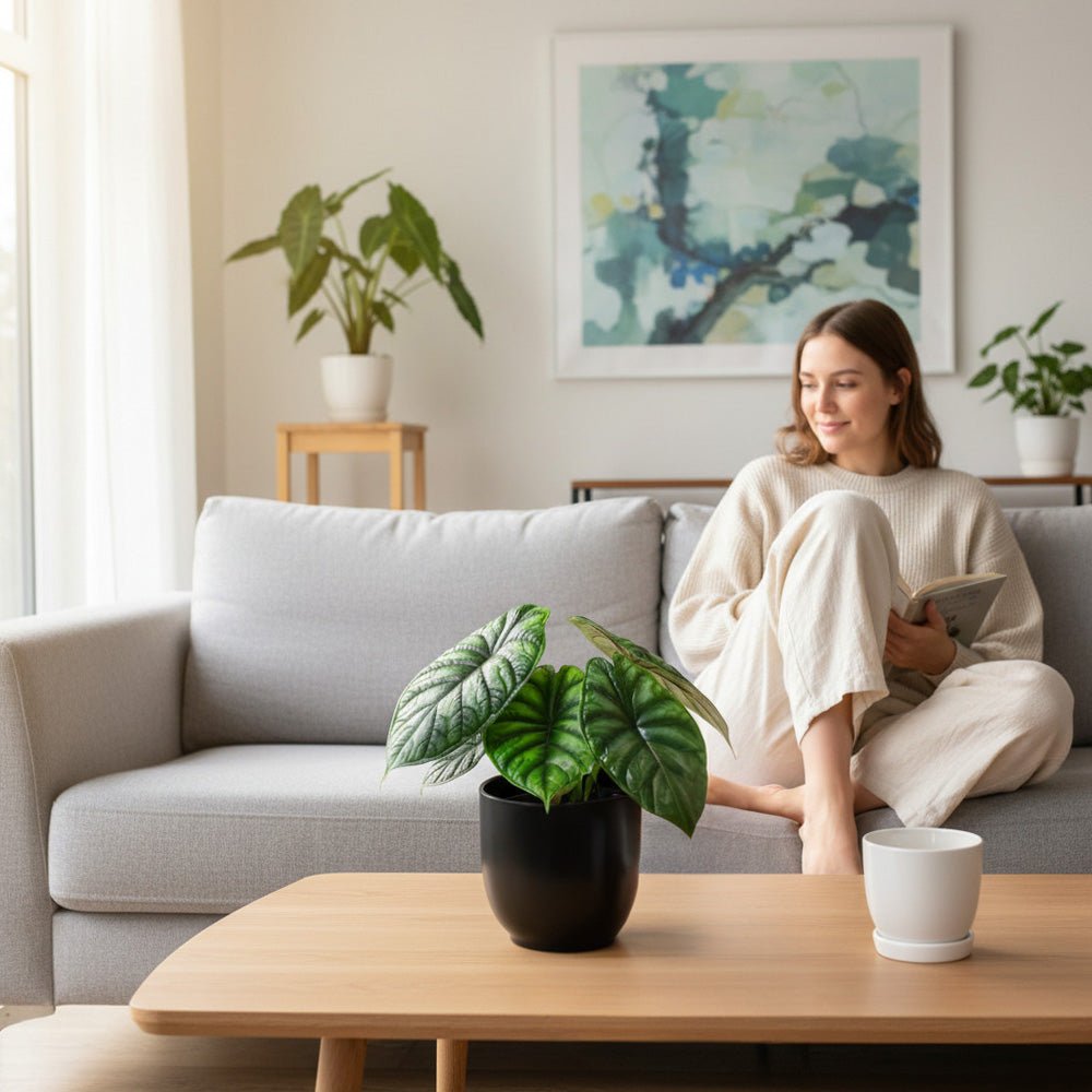 Tropical Dragon Scale Alocasia with vibrant green scales on a table next to a lady. 