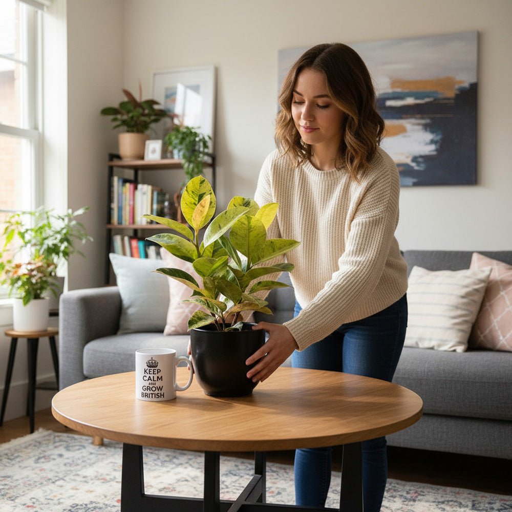 Woman arranging a Ficus elastica on a coffee table in a living room.