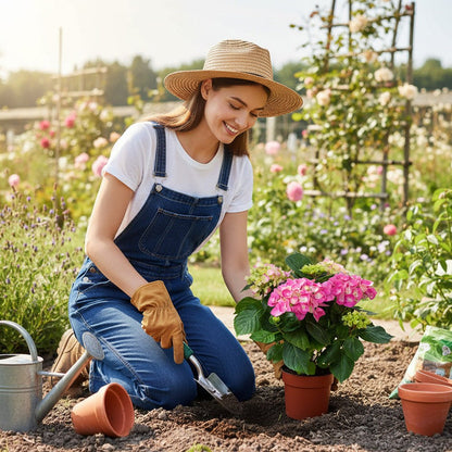 Woman gardening in a flower garden wearing a straw hat and overalls planting Pink Hydrangea  .