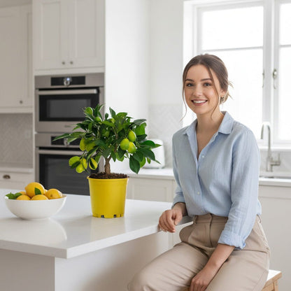 Decorative indoor lemon tree on the kitchen top next to a lady. 