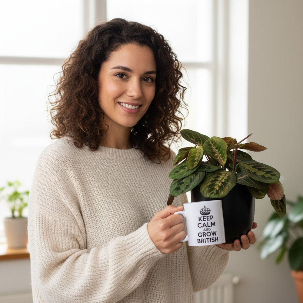 Woman holding a Maranta Prayer Plants and a mug with text in a bright indoor setting