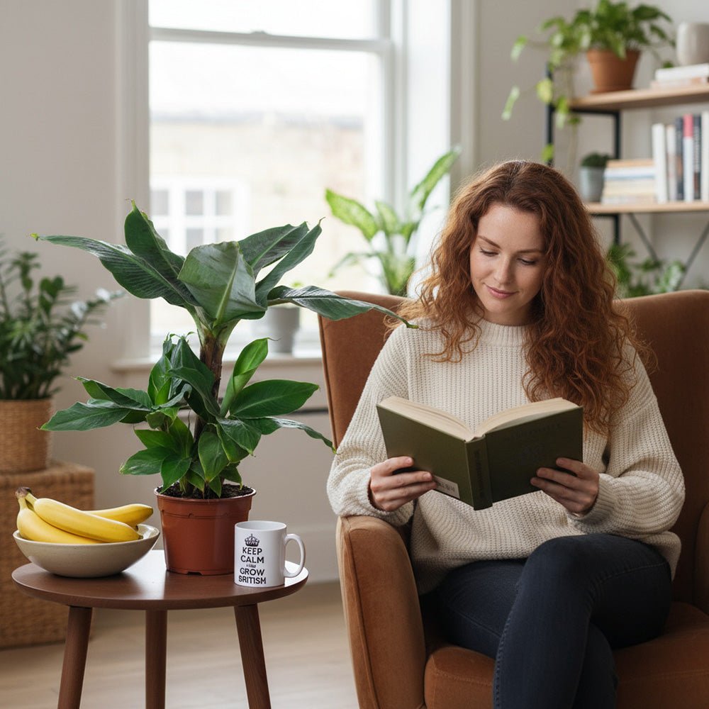 Woman reading a book in a cozy living room with Banana plants and a coffee mug.