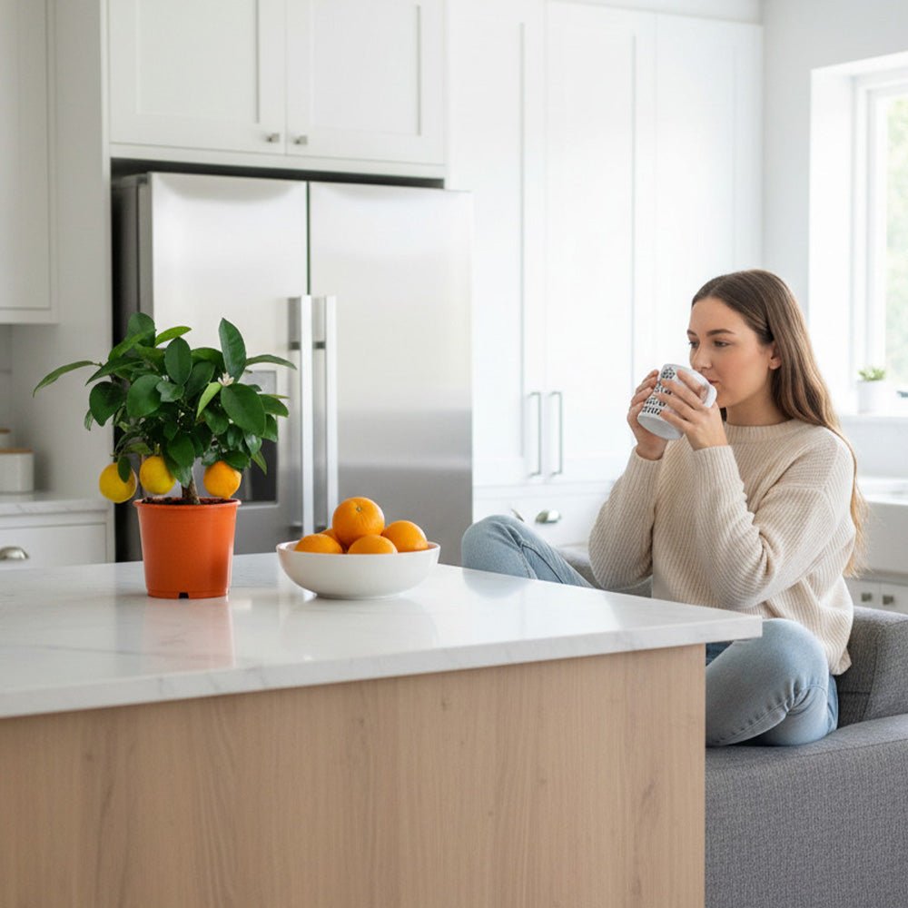 Orange tree in a pot on a kitchen counter with a bowl of oranges, while a woman sits nearby drinking from a mug.