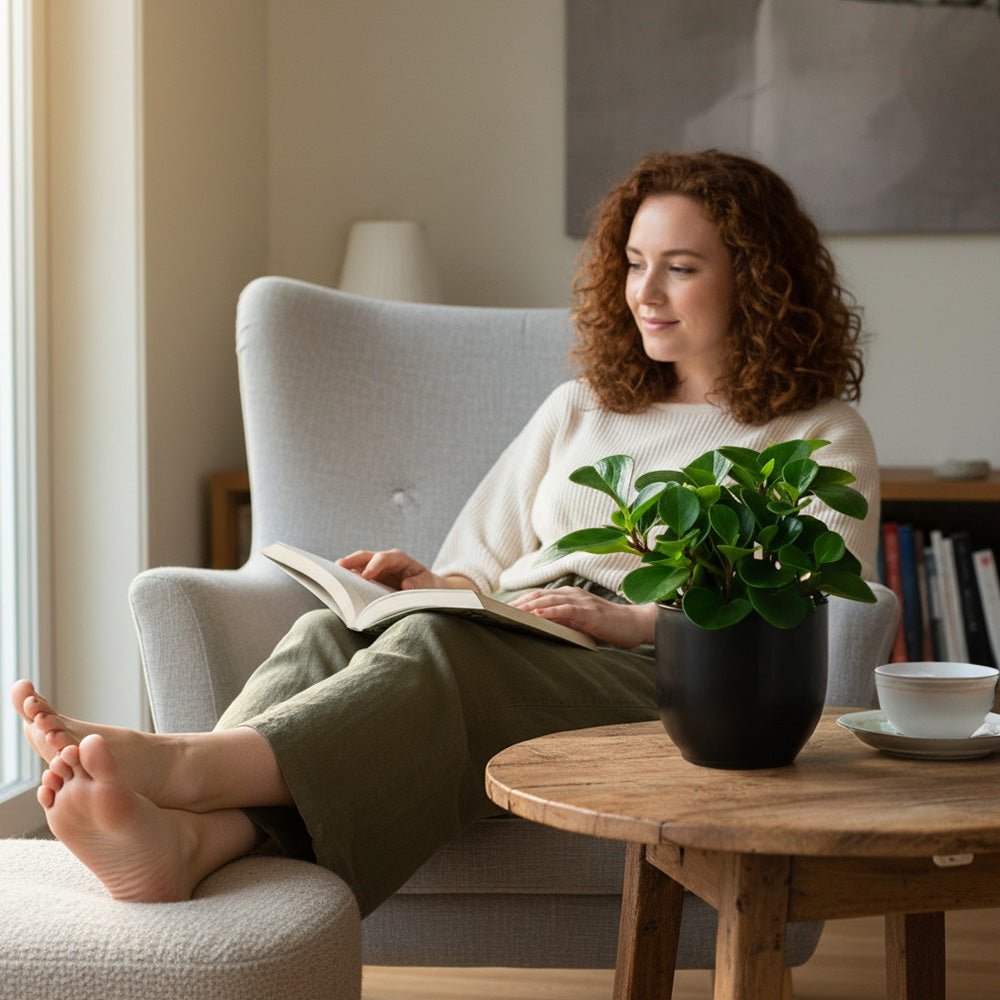 Peperomia Obtusifolia Plant with succulent-like leaves sat next to a lady reading a book. 