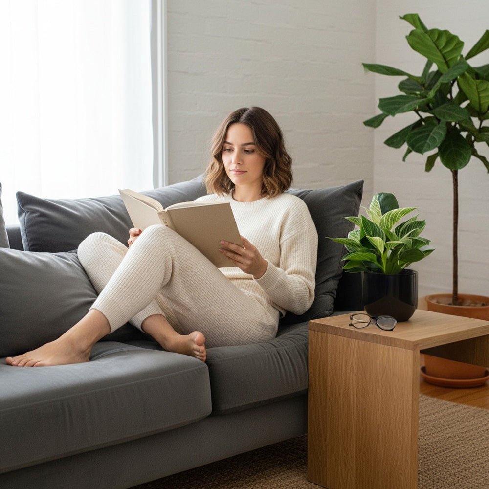 Woman reading a book on a grey couch in a cozy living room next to a Philodendron Birkin.