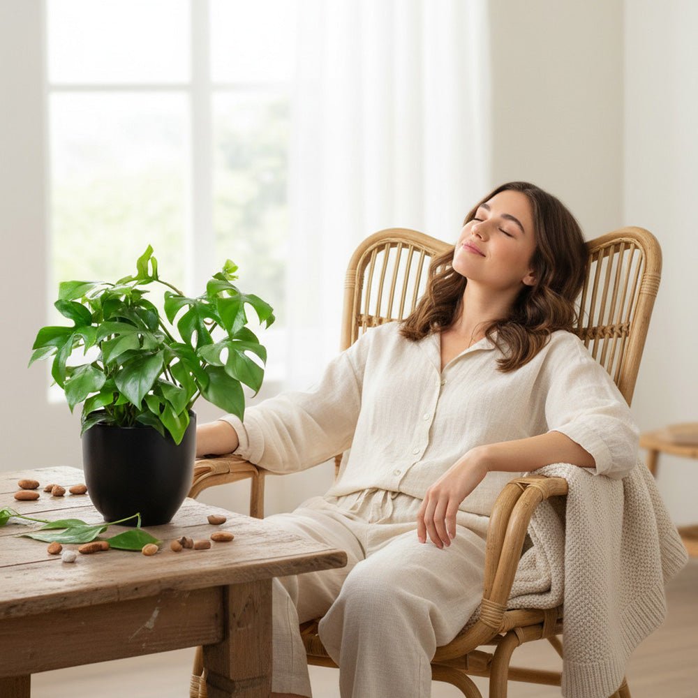 Philodendron Minima indoor plant with glossy green leaves on a table next to a lady.