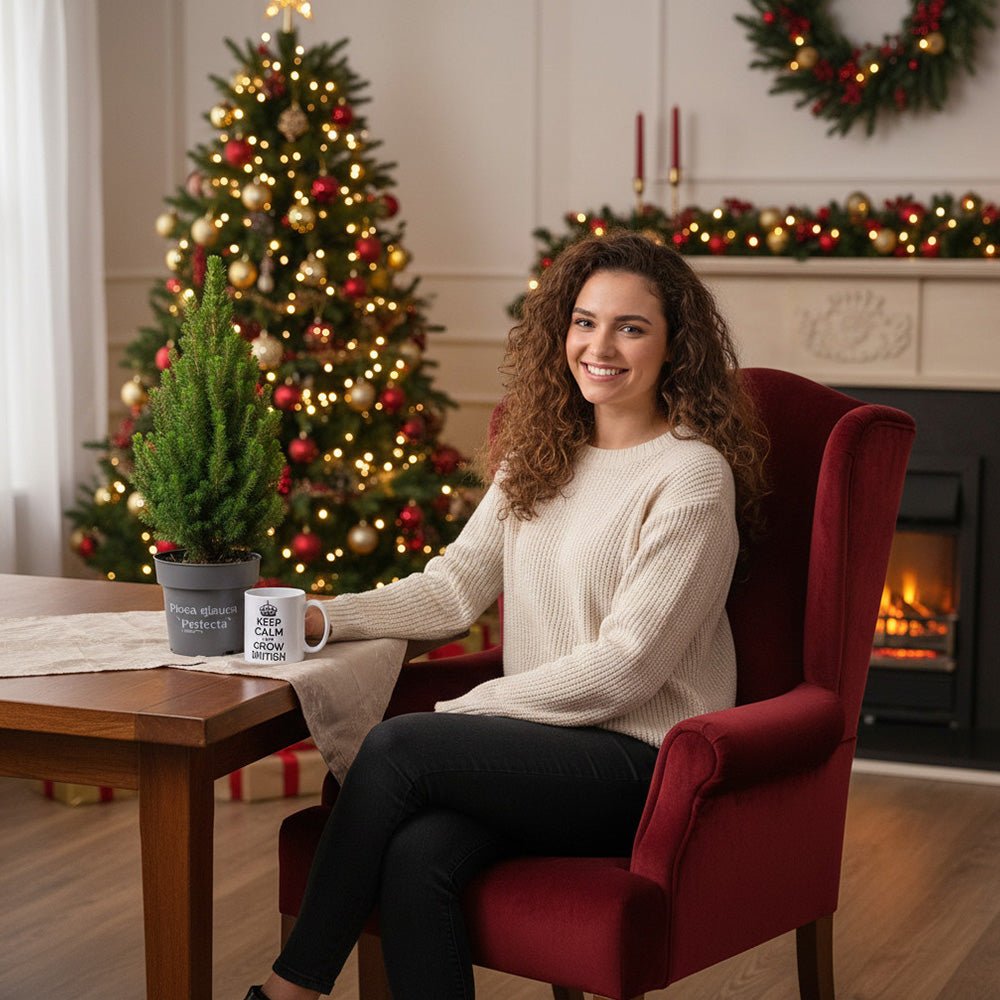 Compact Picea Glauca Perfecta dwarf spruce tree next to a lady sitting in a festive living room.