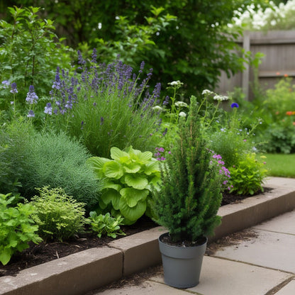 Picea Glauca ‘Perfecta’ live potted Christmas tree outside amongst garden plants.