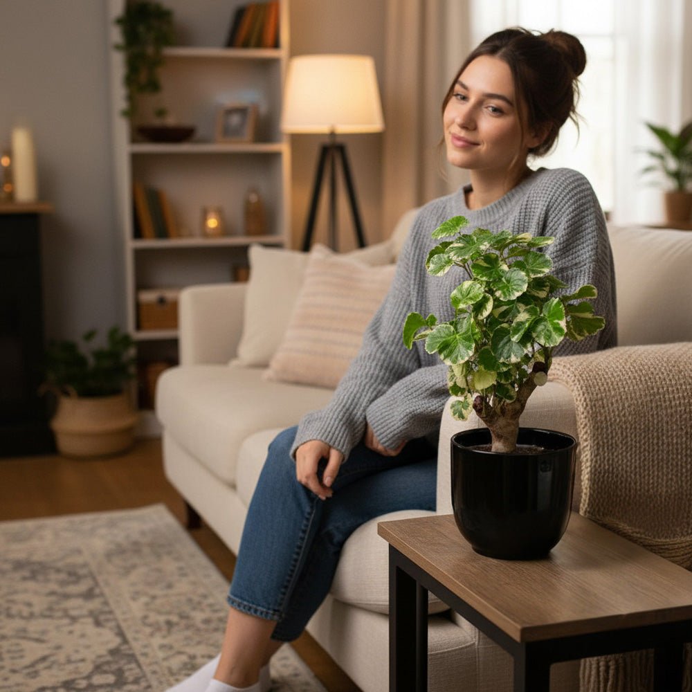 Woman sitting on a couch holding a Polyscias Balfouriana in a cozy living room.