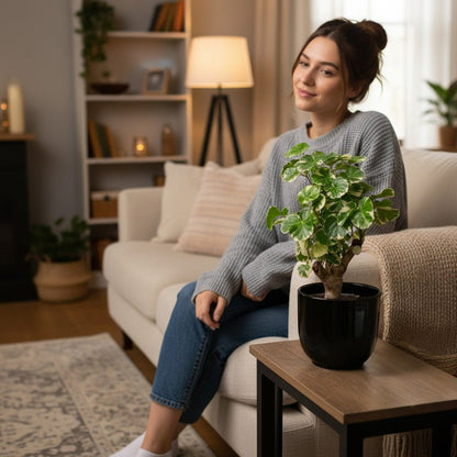 Woman sitting on a couch holding a Polyscias Balfouriana in a cozy living room.