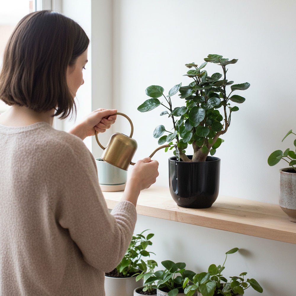 Woman watering a Polyscias Plant in a home setting with other plants around.