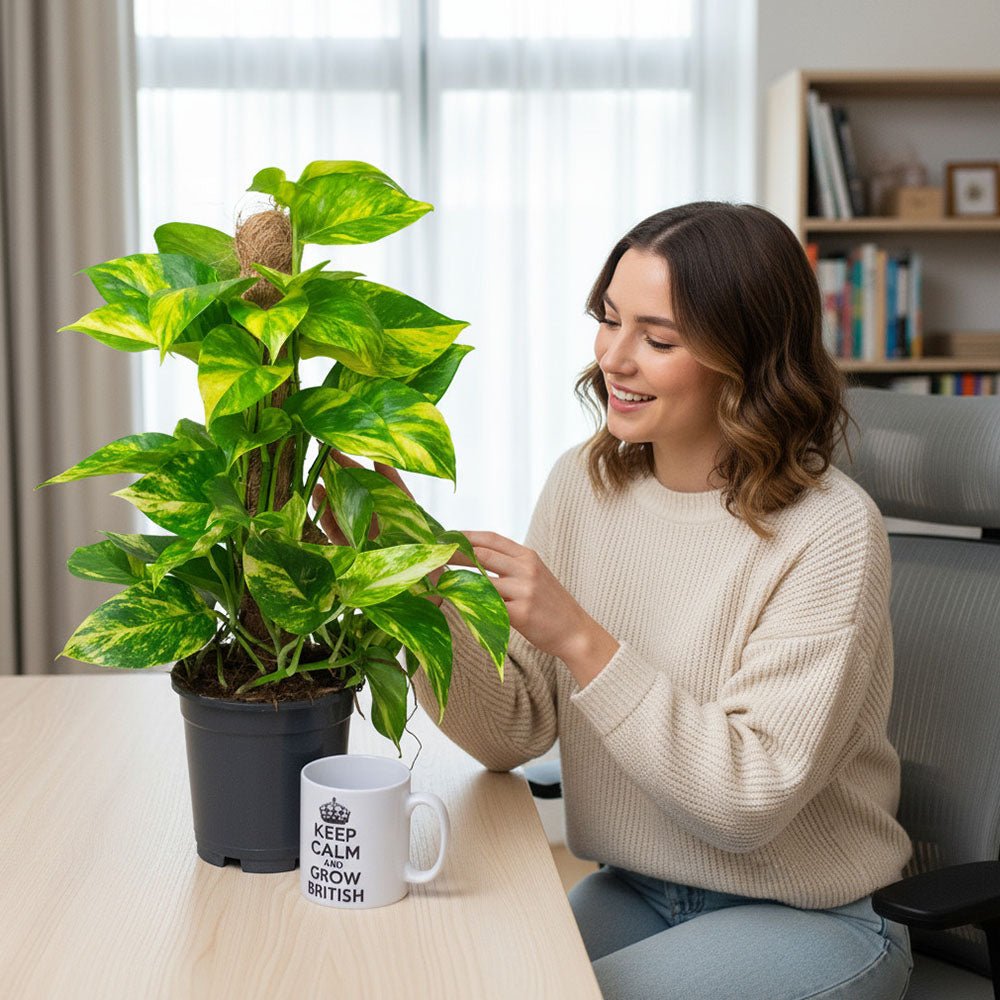 Woman sitting at a desk with a potted Scindapsus Aureus Mosspole plant and a mug with text