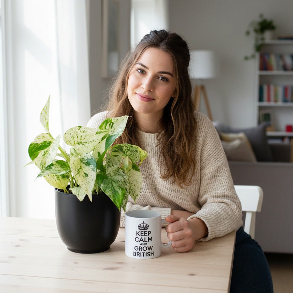 Scindapsus Marble Queen indoor plant with lush, marbled leaves next to a lady. 