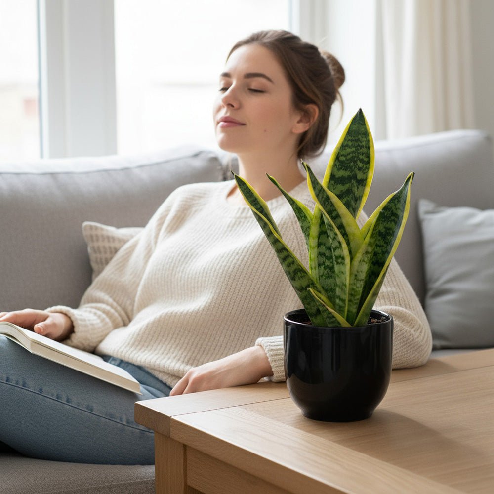 Woman reading a book on a couch with a snake plant on a table in front of her