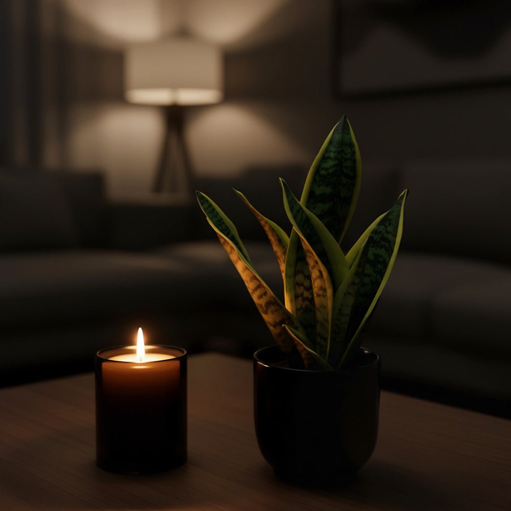 Candle and potted Snake Plant on a table in a dimly lit room