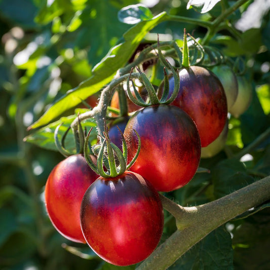 Red tomato plants black moon on a vine with green leaves.