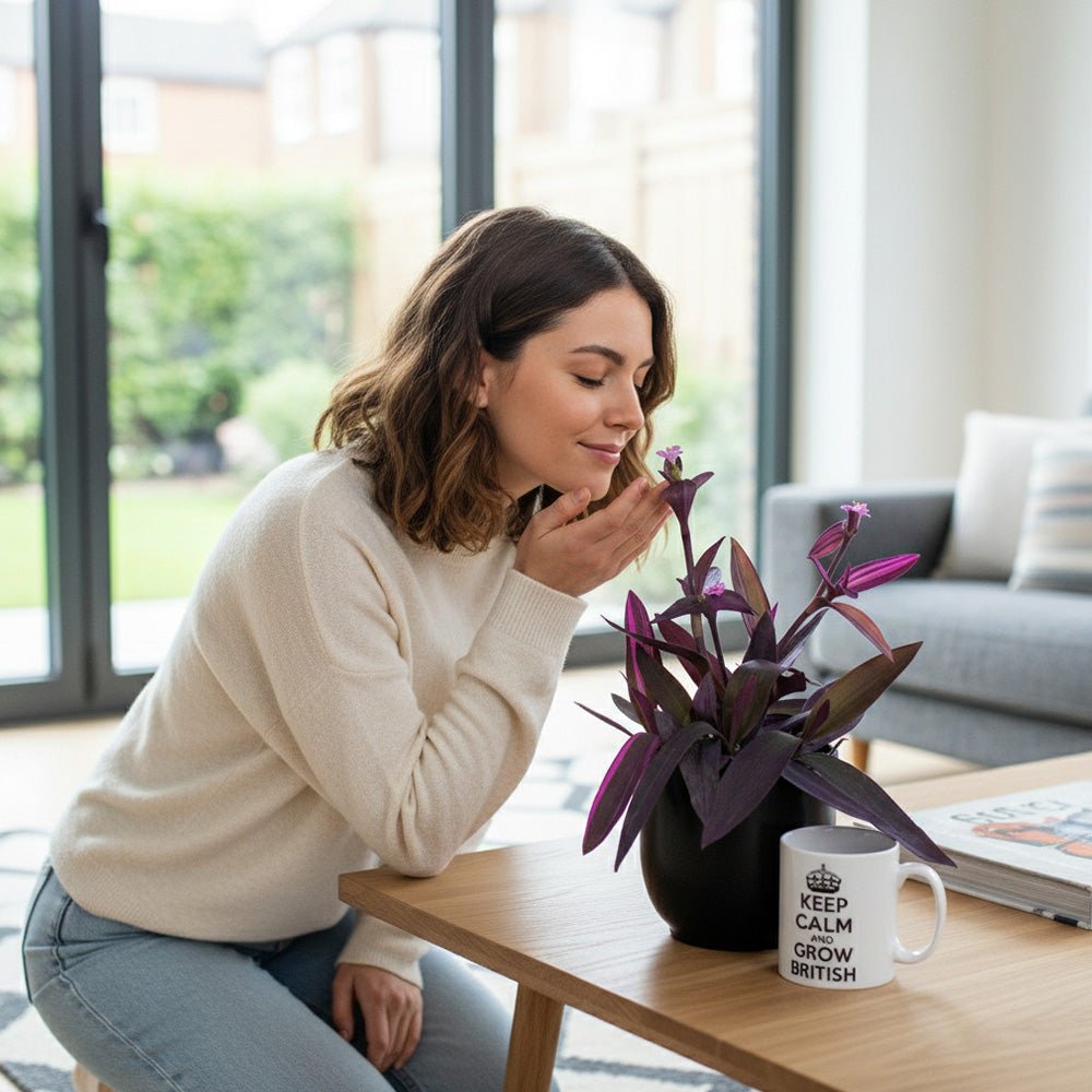 Woman smelling a Tradescantia Plant in a modern living room with a 'Keep Calm and Grow British' mug on a table.